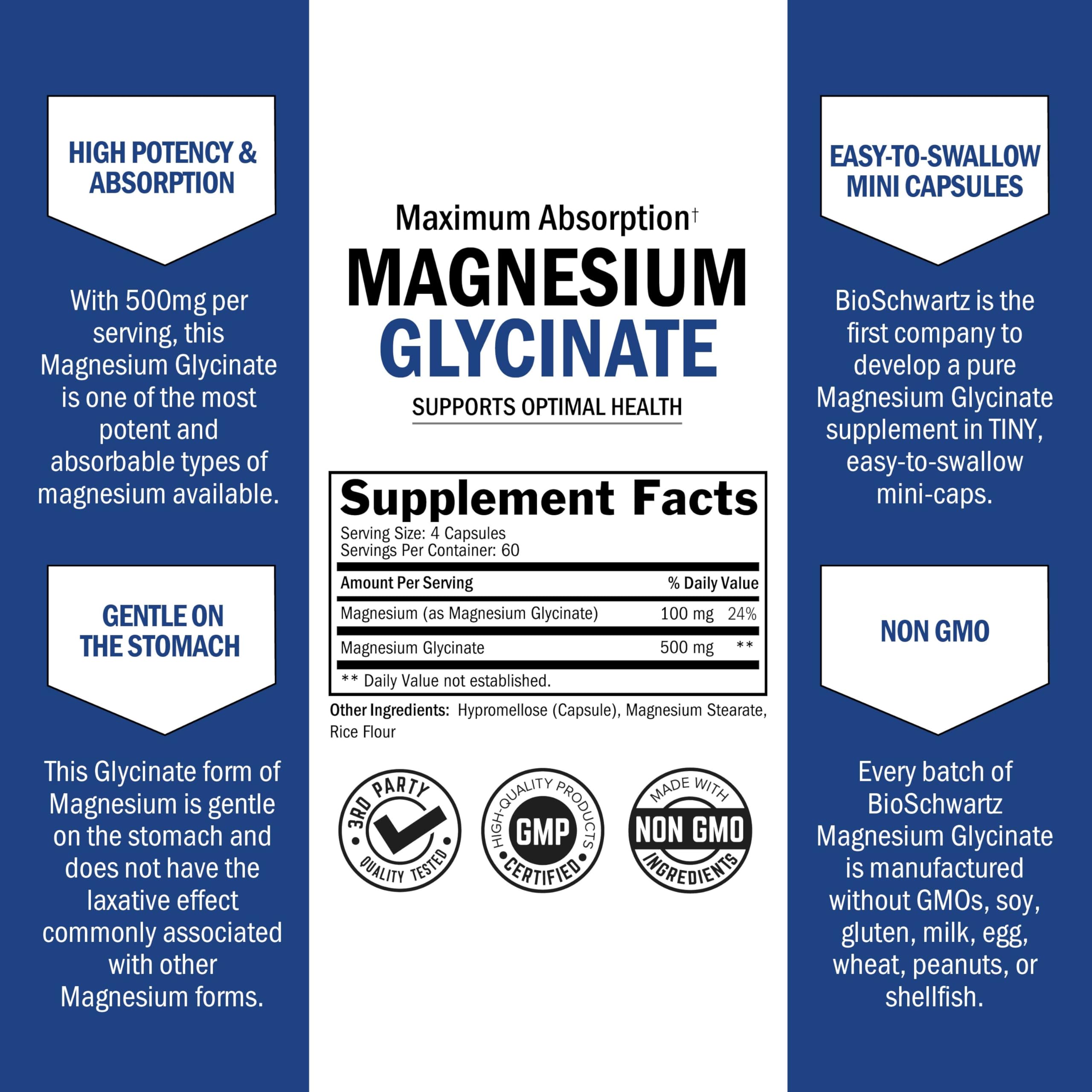 BioSchwartz glicinato de magnesio 500 mg, uso nocturno para apoyar el bienestar.