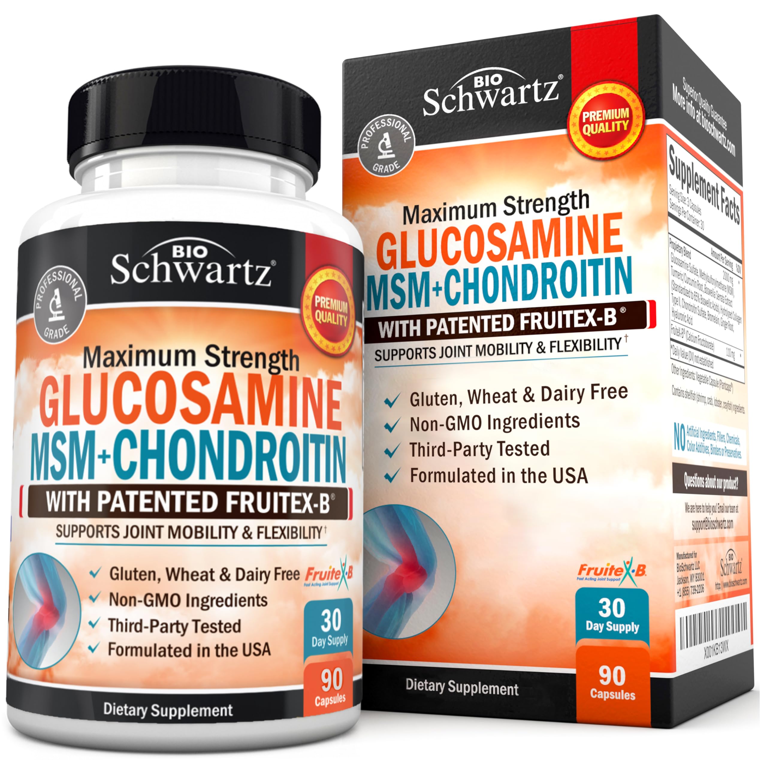 BioSchwartz glucosamina-condroitina-MSM en botella, apoyo a la movilidad articular