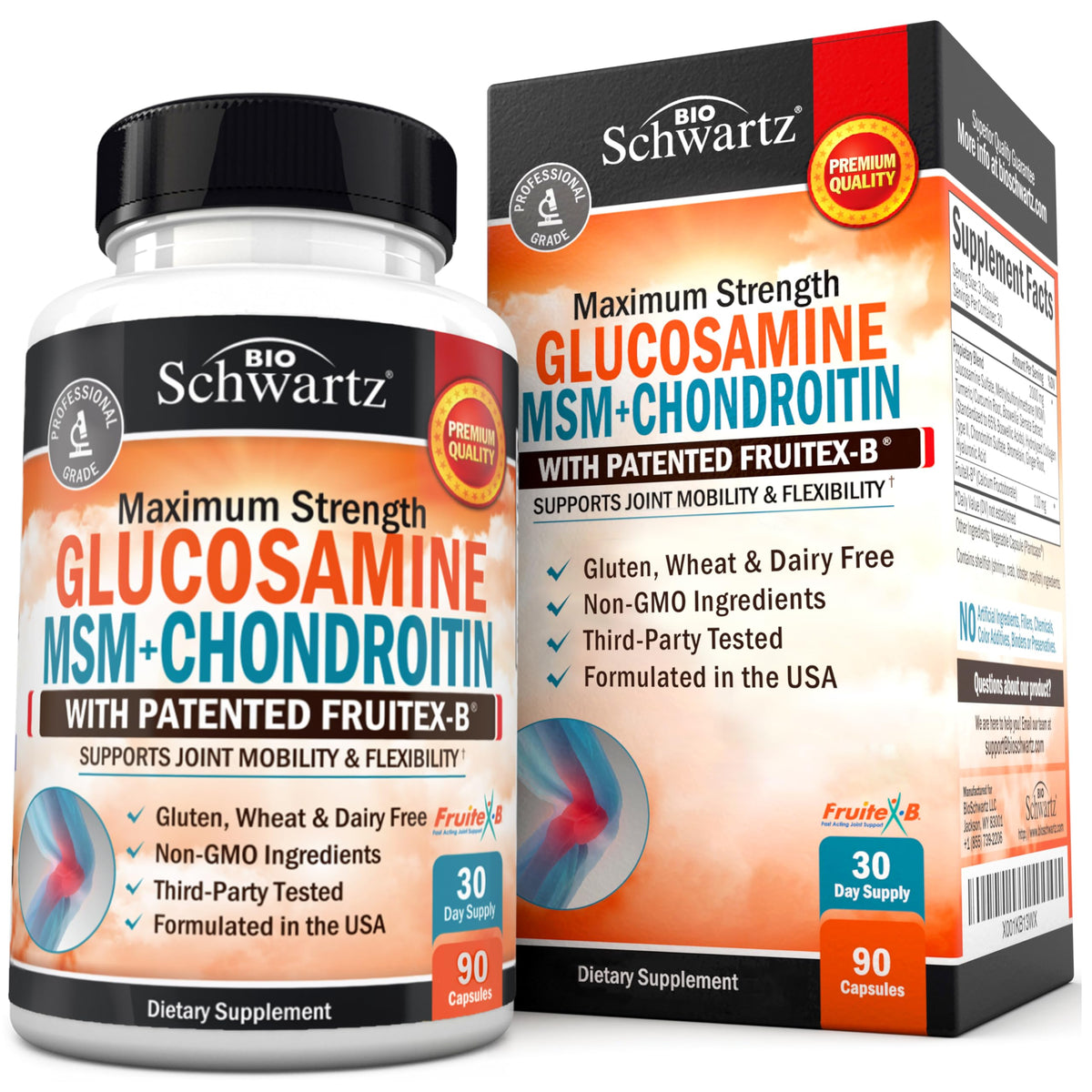 BioSchwartz glucosamina-condroitina-MSM en botella, apoyo a la movilidad articular