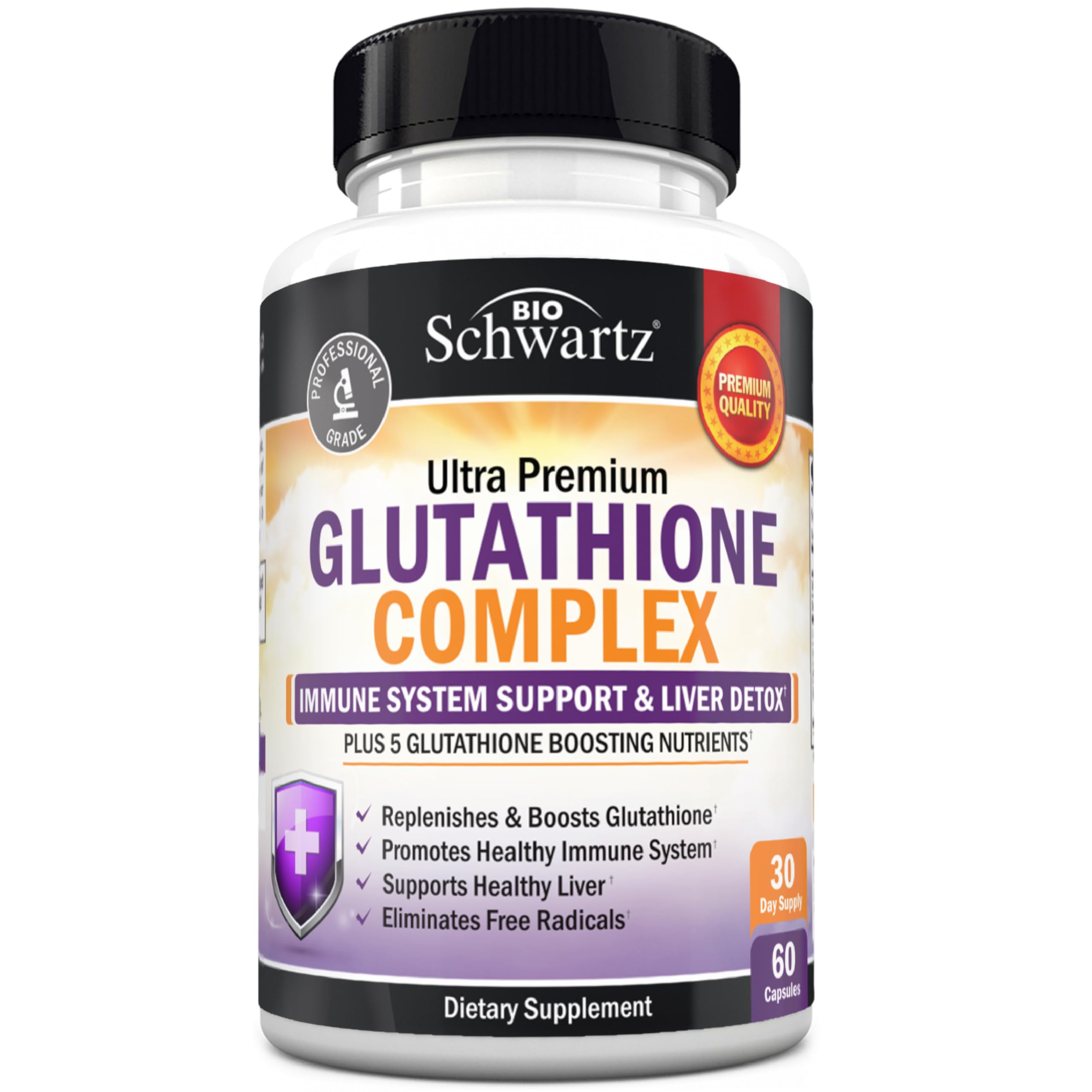 BioSchwartz Glutatión 500 mg – botella visible, soporte hepático y antioxidante diario.