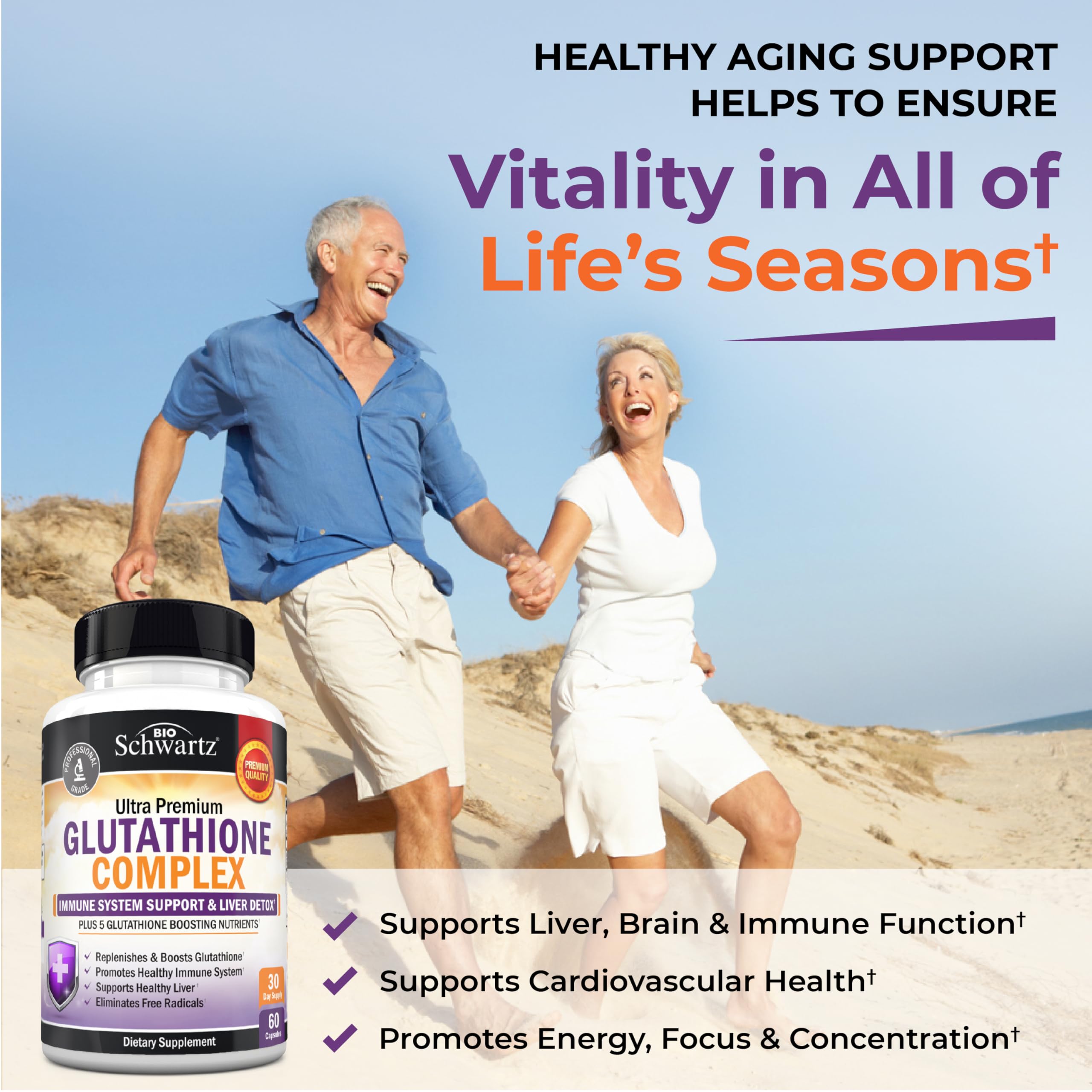 BioSchwartz Glutatión 500 mg – etiqueta clara con quercetina y cardo mariano.