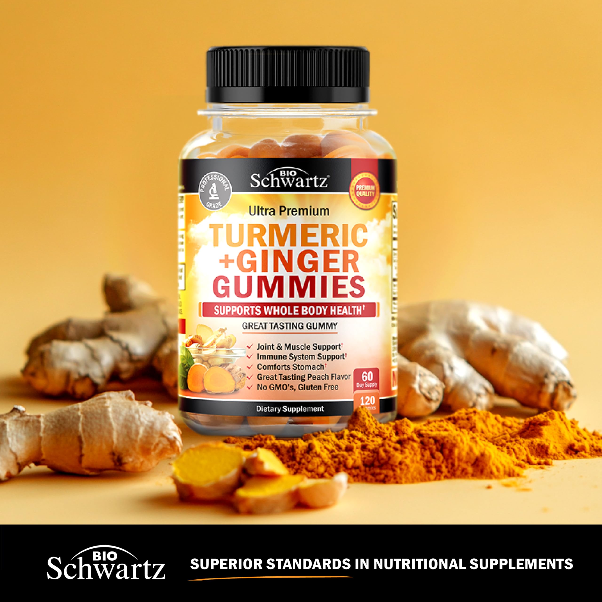 BioSchwartz gomitas curcuma jengibre en mano para consumo diario.