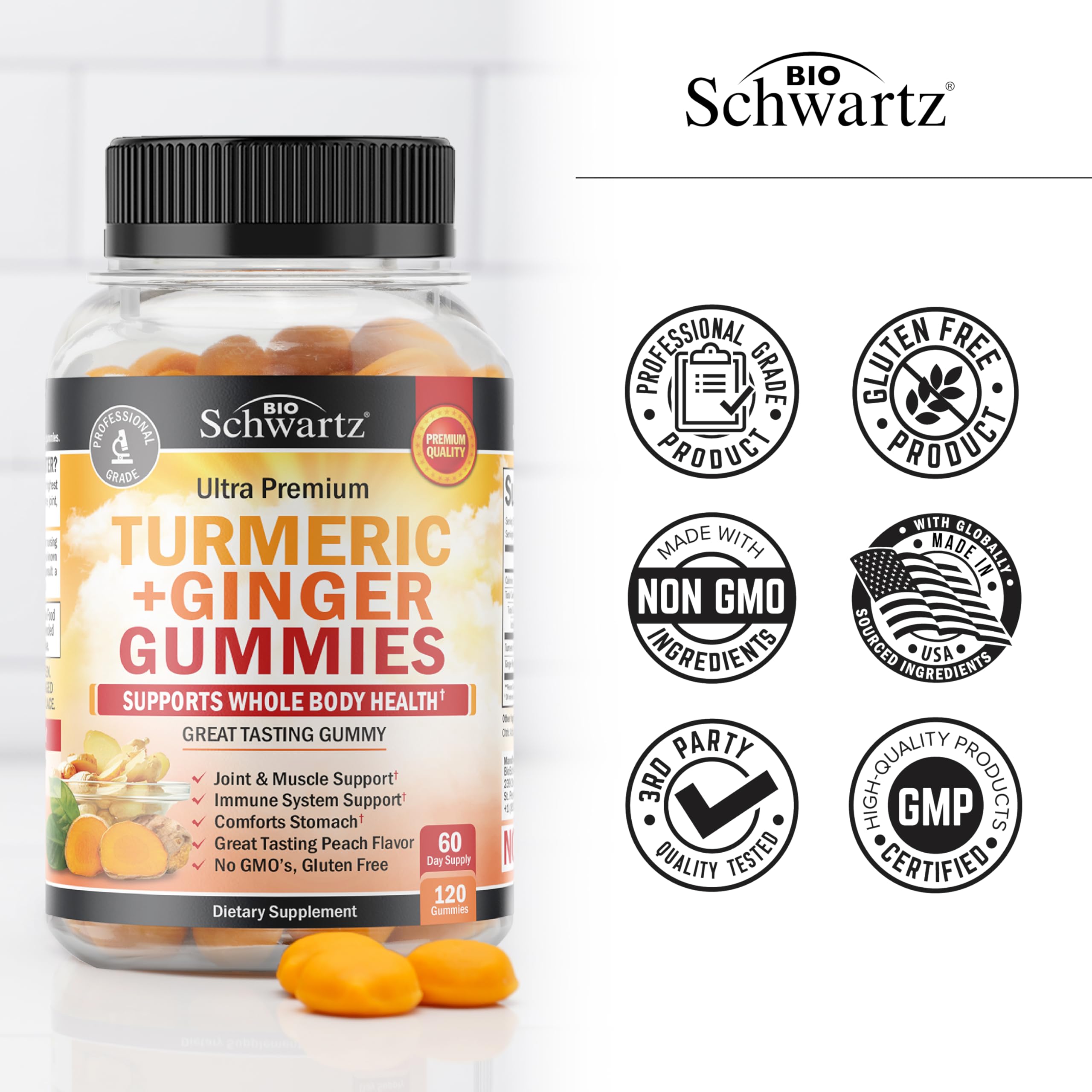 Gomitas BioSchwartz curcuma jengibre en plato, opción práctica para la rutina.