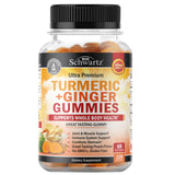 BioSchwartz gomitas curcuma jengibre en paquete, sabor durazno para apoyo articular.