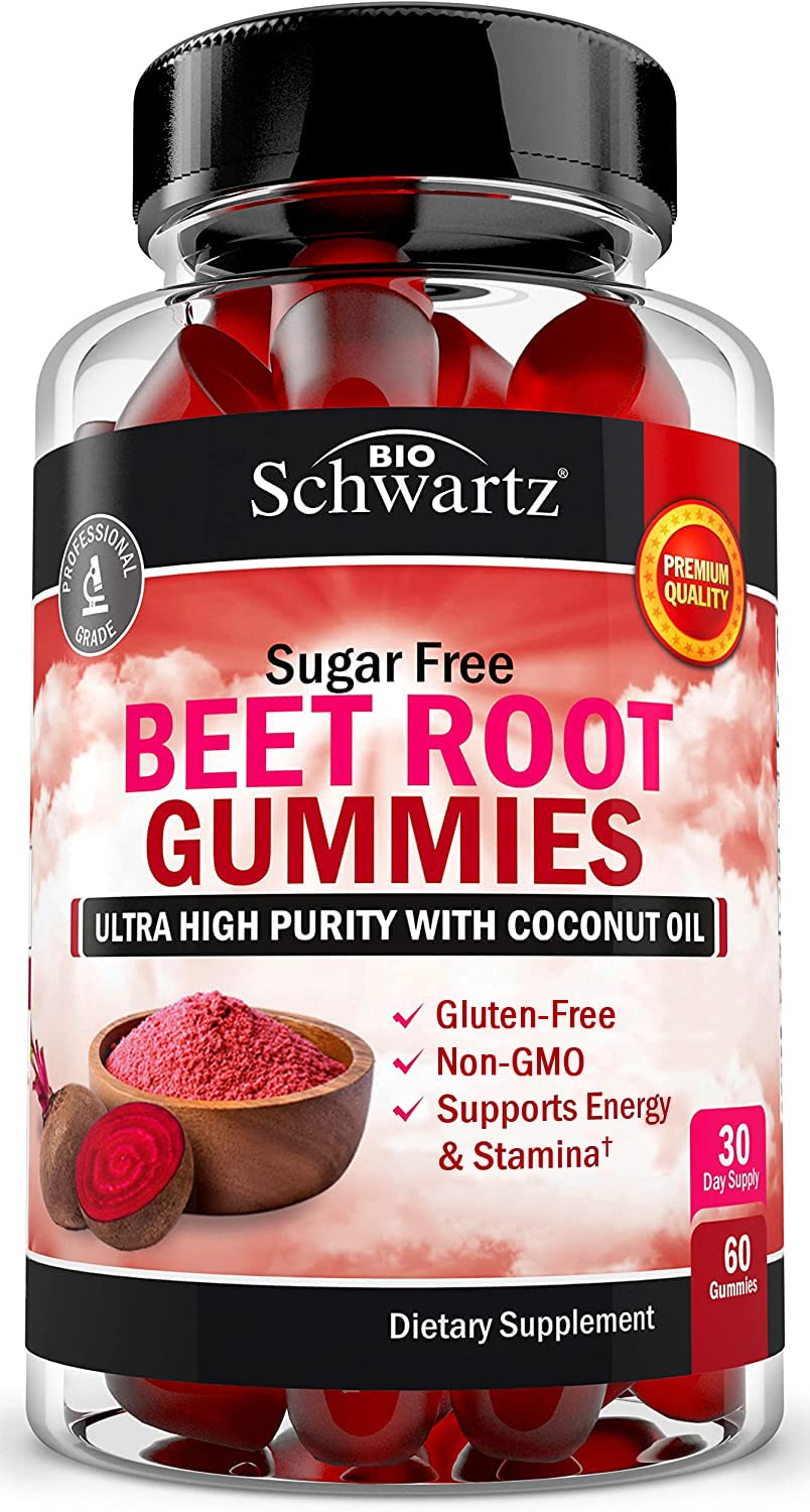 Gomitas BioSchwartz de remolacha sin azúcar en botella para energía diaria.