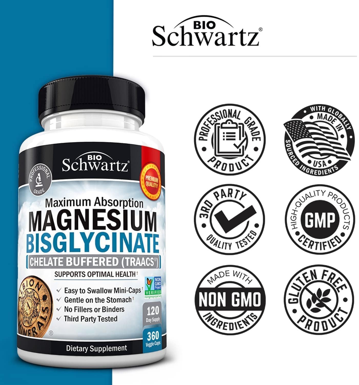 Detalle de etiqueta BioSchwartz, destacando TRAACS para alta absorción