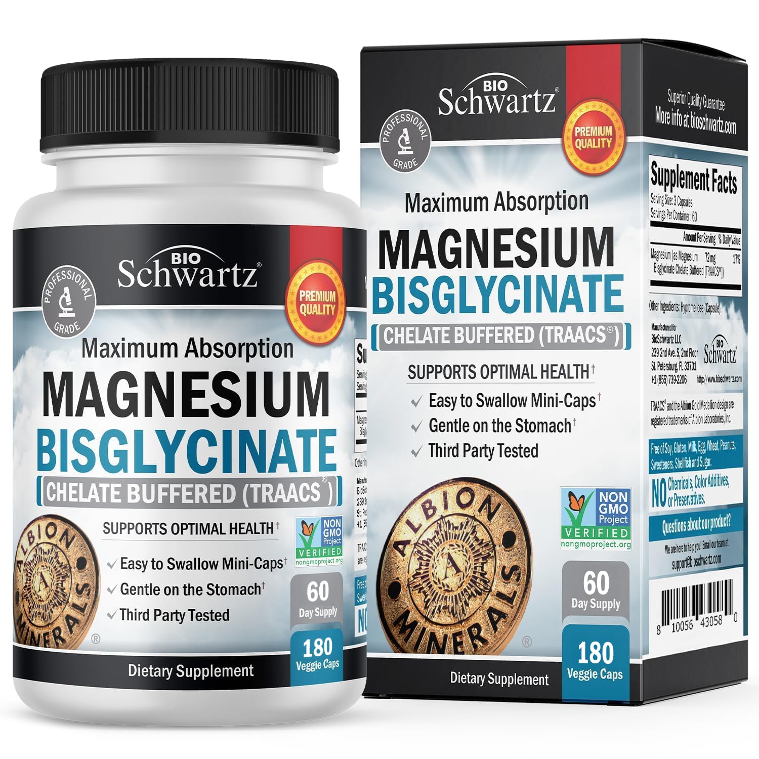 BioSchwartz Magnesio Bisglycinato, cápsulas mini fáciles de tragar para uso diario.