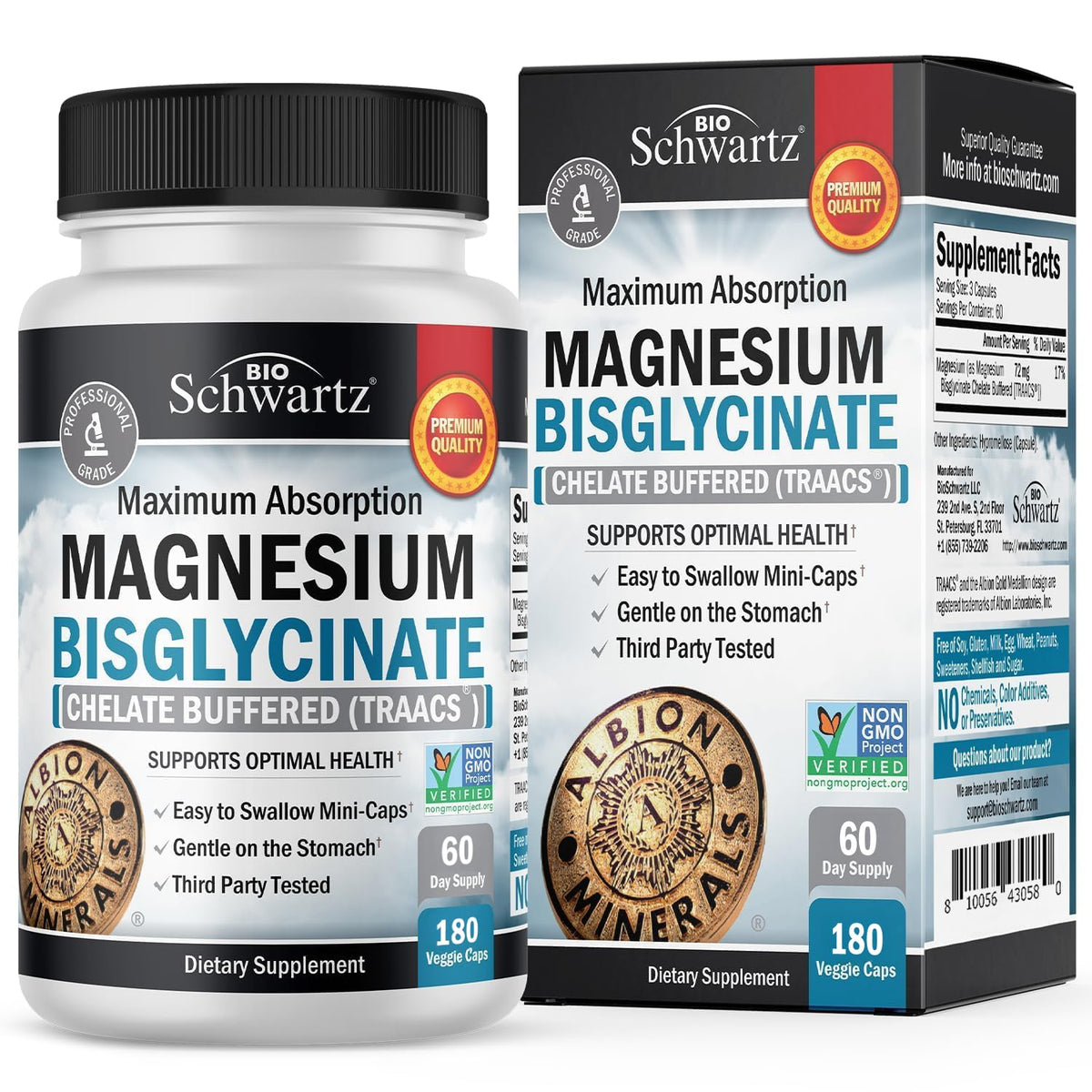 BioSchwartz Magnesio Bisglycinato, cápsulas mini fáciles de tragar para uso diario.