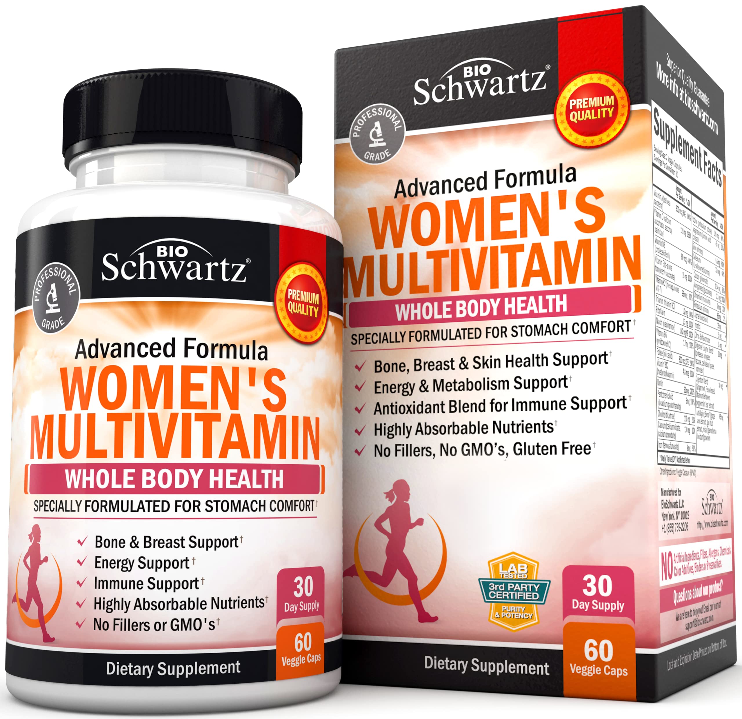 BioSchwartz Multivitaminas para mujer en botella, soporte diario para el bienestar.