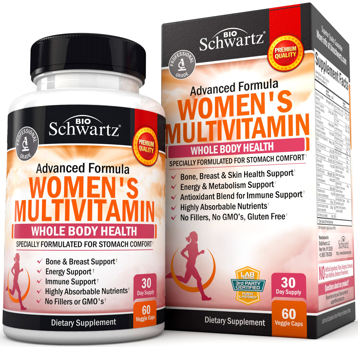 BioSchwartz Multivitaminas para mujer en botella, soporte diario para el bienestar.