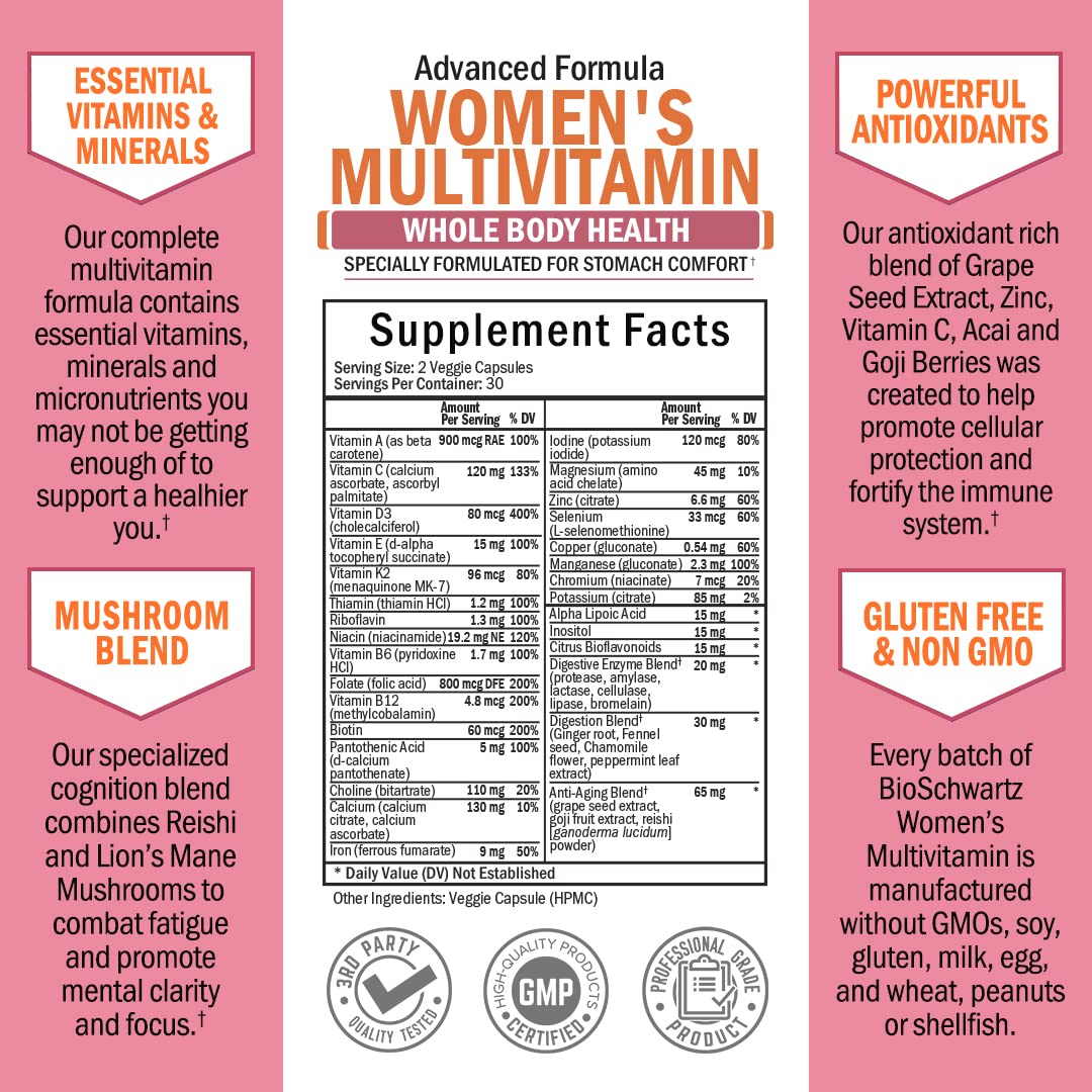 BioSchwartz Multivitaminas para mujer, dosis diaria destacada, facilita la rutina de bienestar.