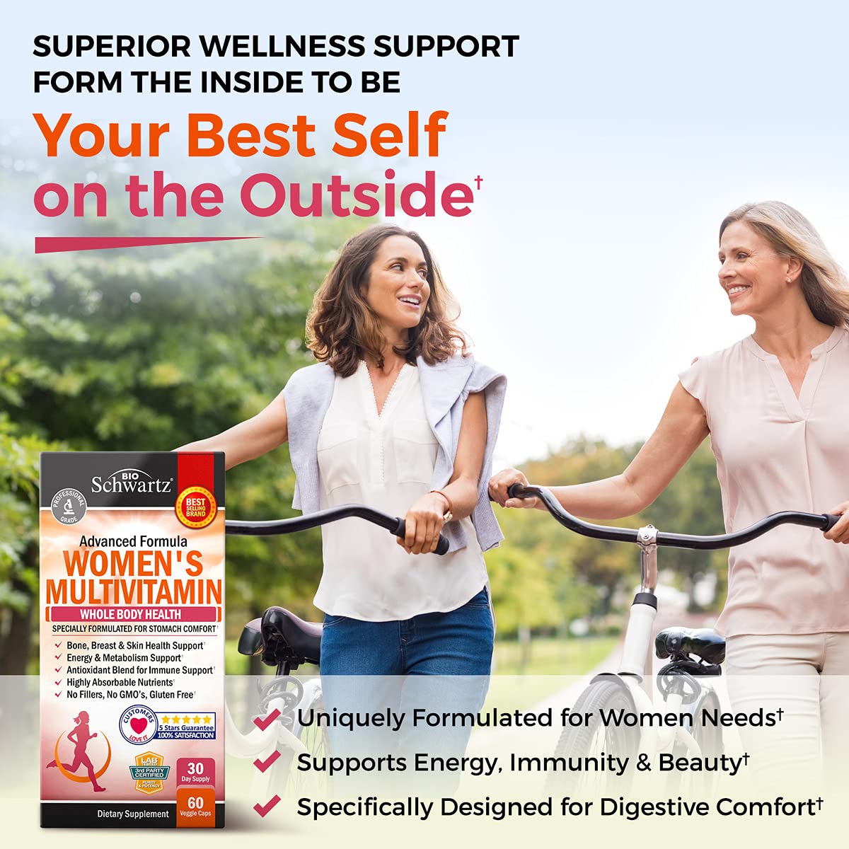 BioSchwartz Multivitaminas para mujer, etiqueta frontal visible, apoyo a la salud general.