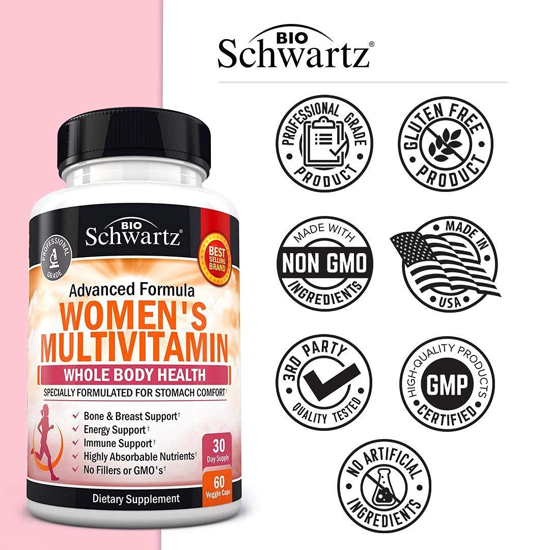 BioSchwartz Multivitaminas para mujer, ingredientes clave como Vitamina D3 y zinc.