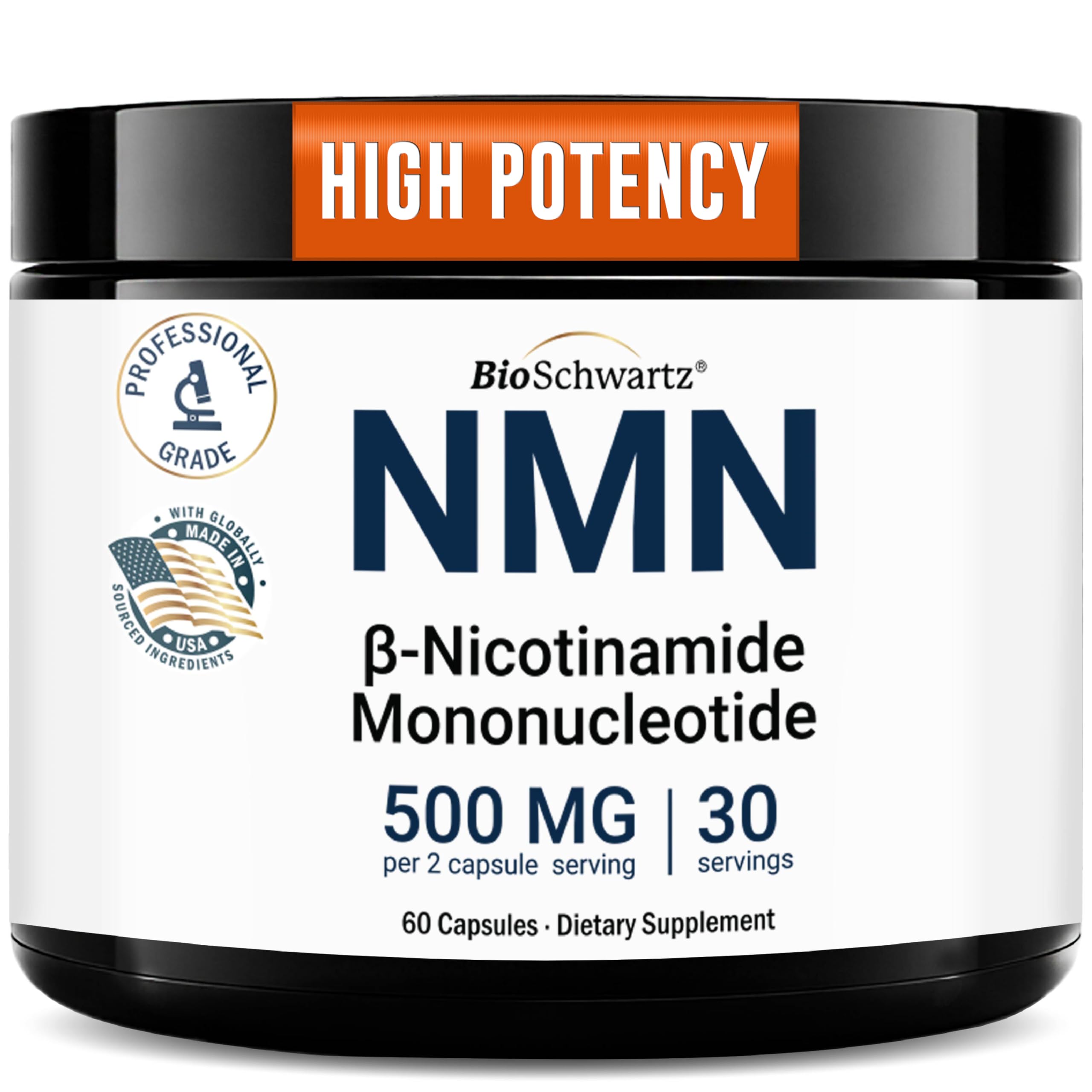 BioSchwartz NMN: botella de 60 cápsulas, 500 mg, para apoyo a la vitalidad diaria.