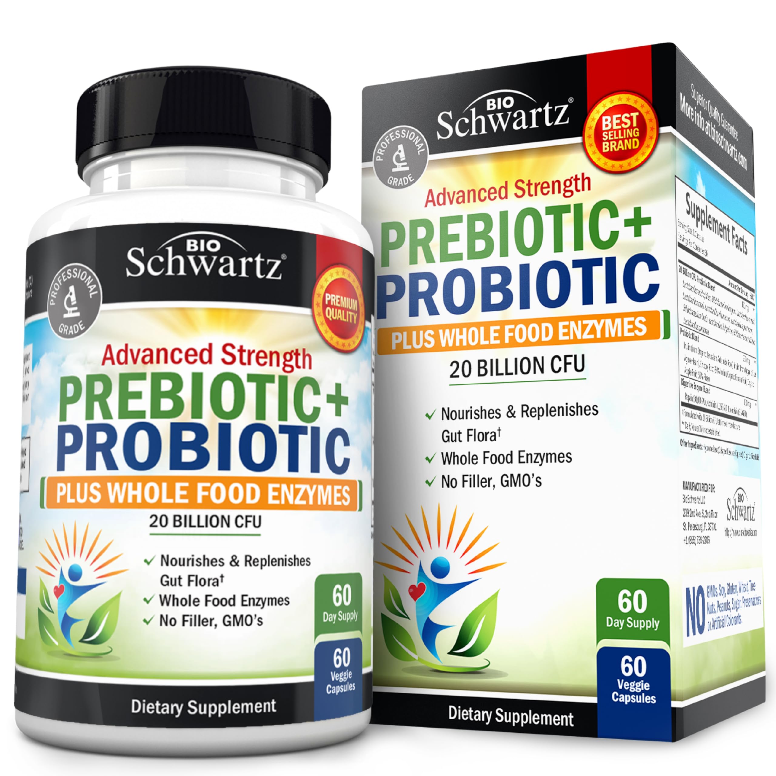 BioSchwartz prebióticos y probióticos en cápsulas para salud digestiva.