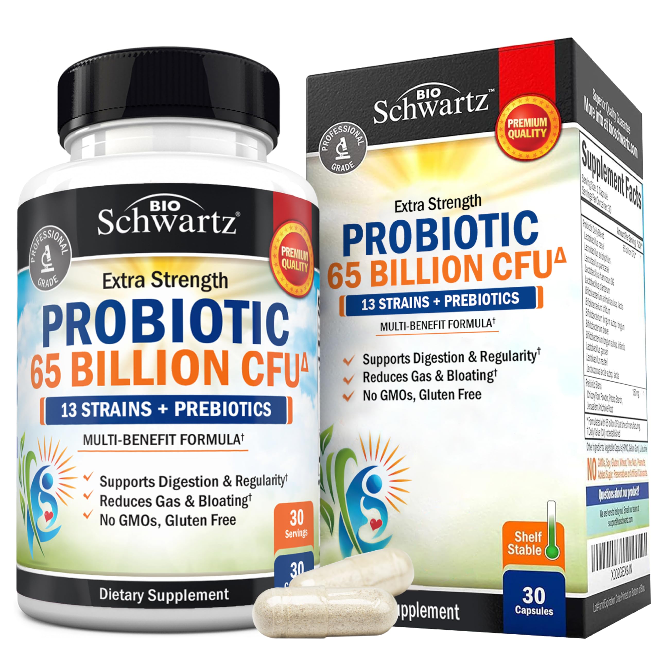 BioSchwartz Probióticos 65B cápsulas para equilibrio intestinal diario.