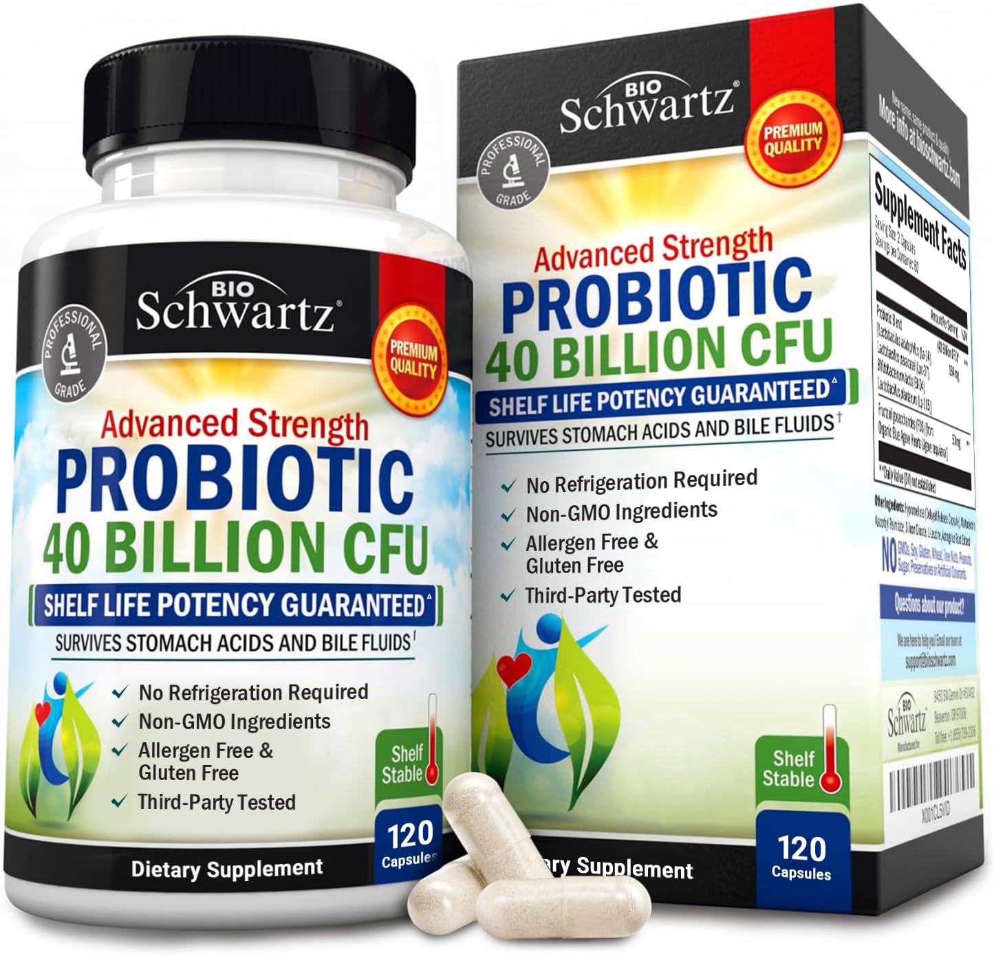 BioSchwartz Probiótico Diario con botella de 40 mil millones CFU para equilibrio intestinal
