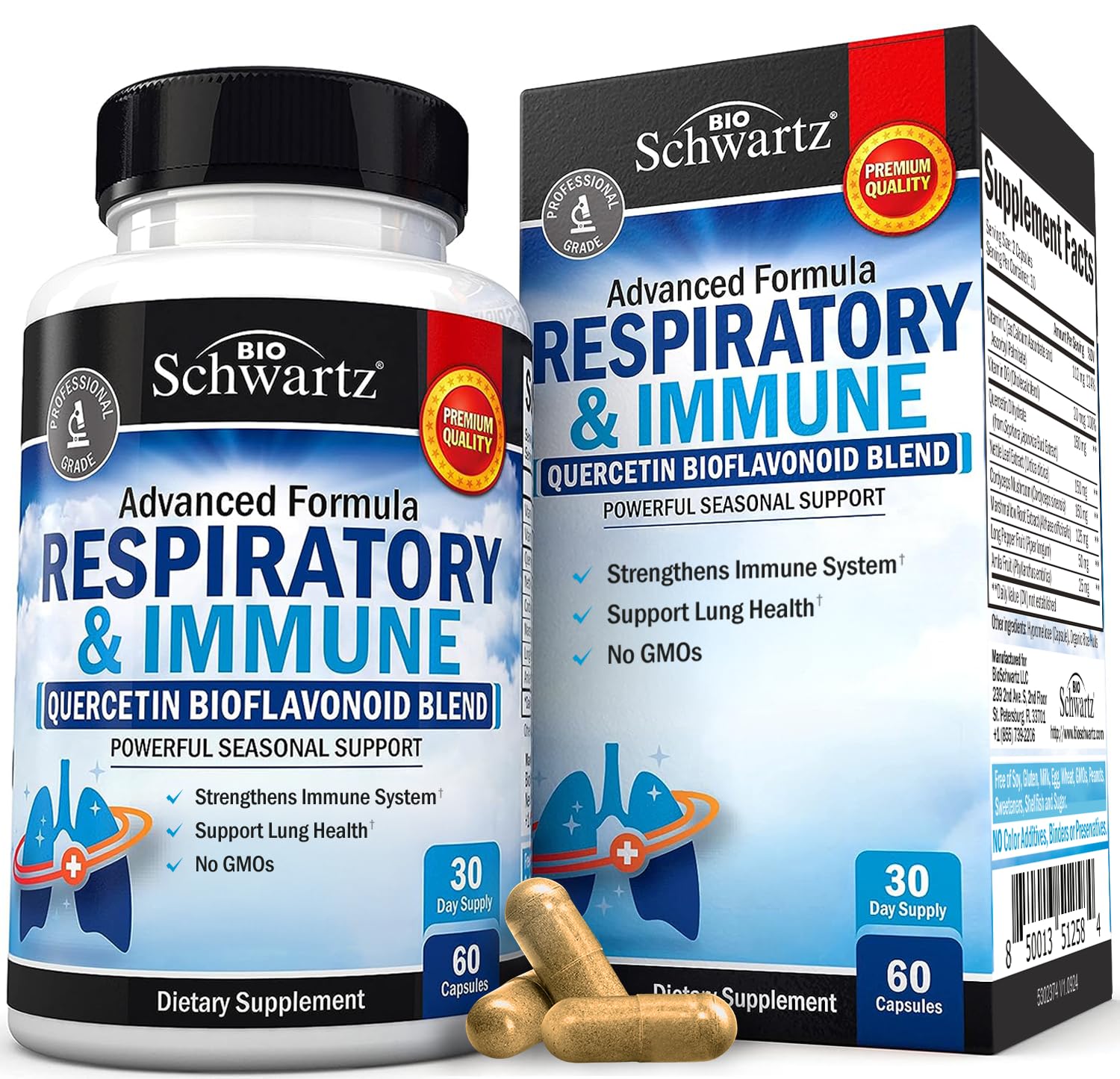 BioSchwartz Respiratorio, botella frente: posible apoyo diario a la salud respiratoria.