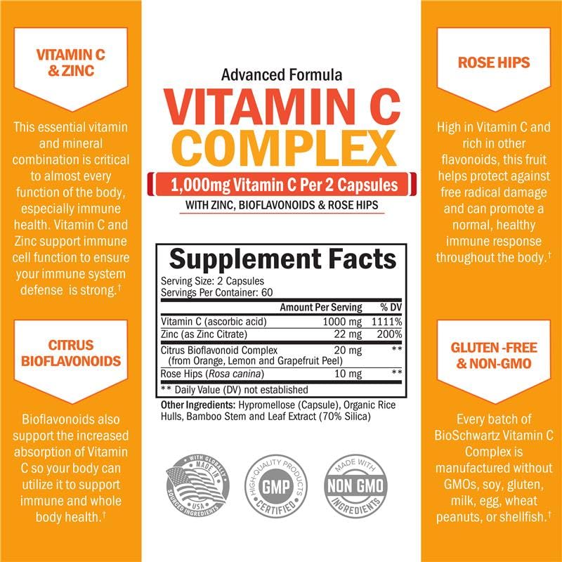 BioSchwartz Vitamina C Complejo bioflavonoides cítricos, cápsulas naranjas para energía celular
