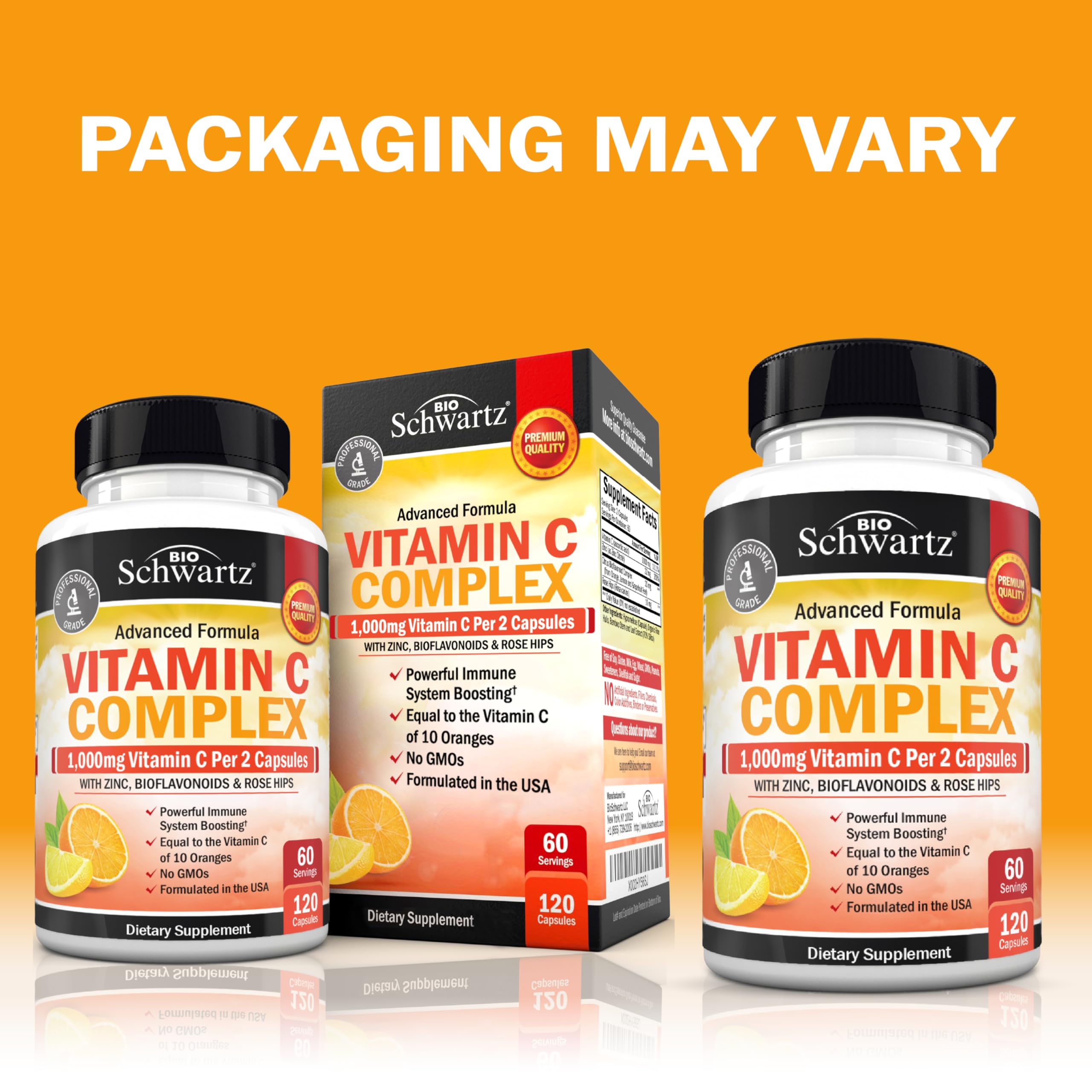 BioSchwartz Vitamina C Complejo botella con hipos de rosa, enfoque en antioxidantes