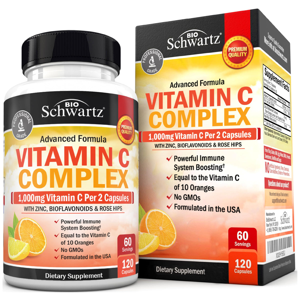 BioSchwartz Vitamina C Complejo cápsulas 1000 mg frente a frasco para apoyo inmunológico