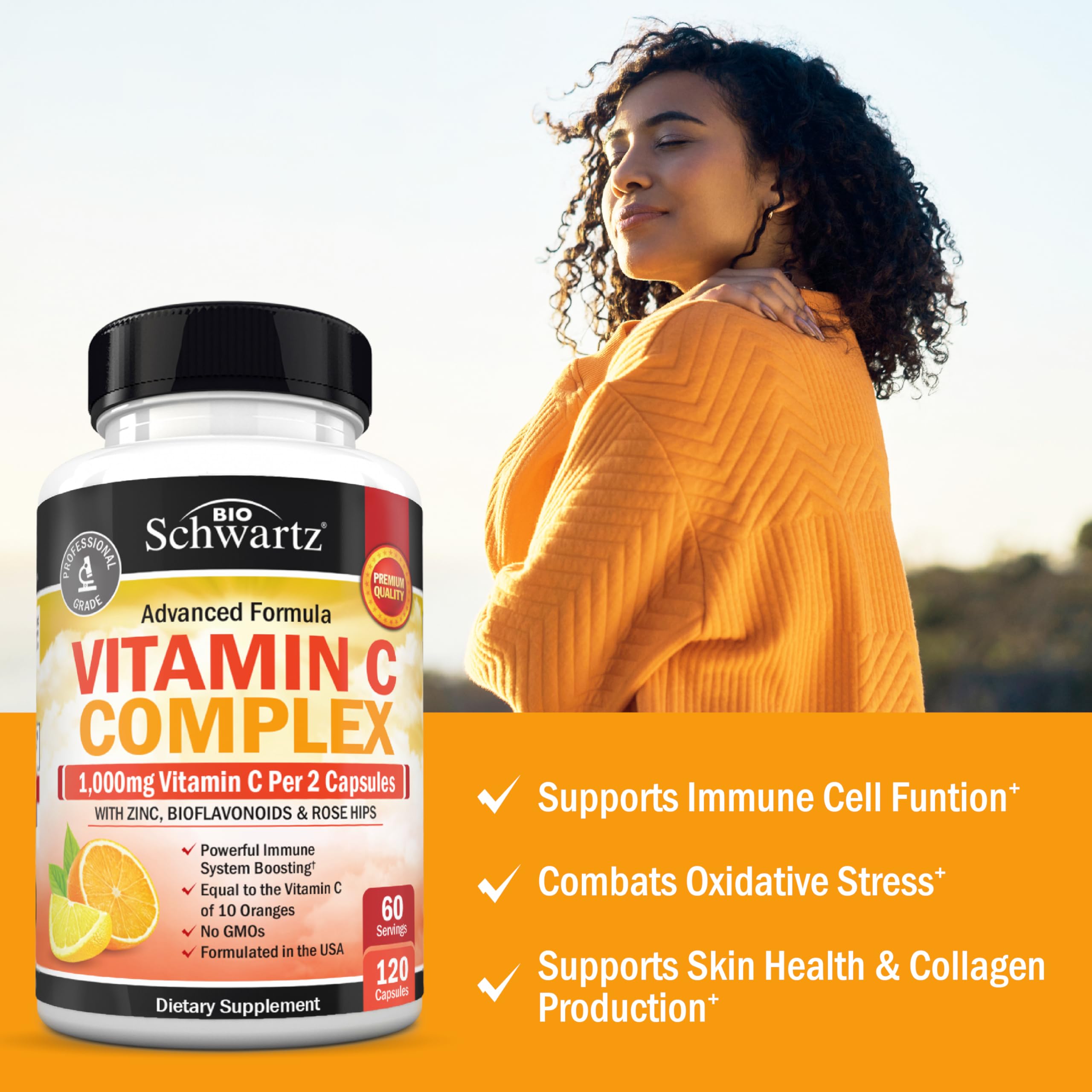 BioSchwartz Vitamina C Complejo etiqueta destacando pureza y pruebas de terceros