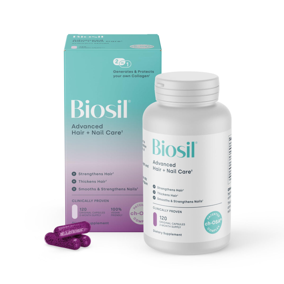 Biosil Advanced Hair + Nail Care en botella, ideal para cuidado diario de cabello y uñas.