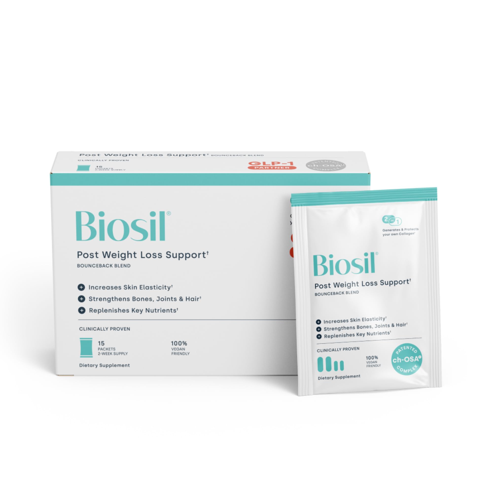 Biosil BounceBack, sobres de 15 para apoyo pospérdida de peso y piel