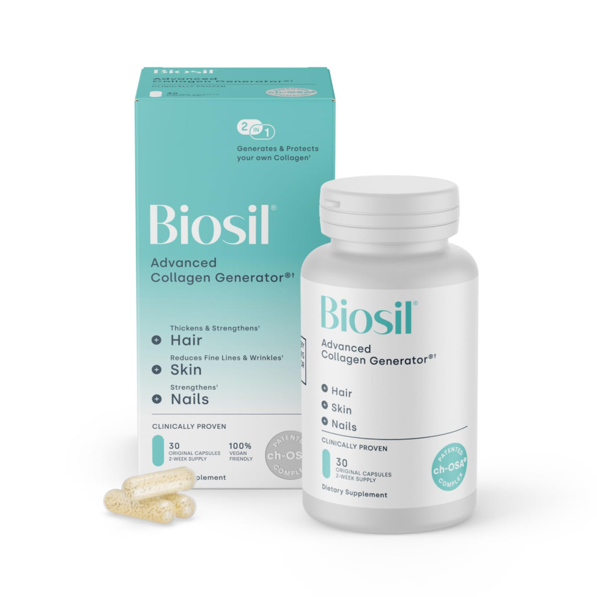 Biosil cápsulas originales de 30 días para cabello y piel.