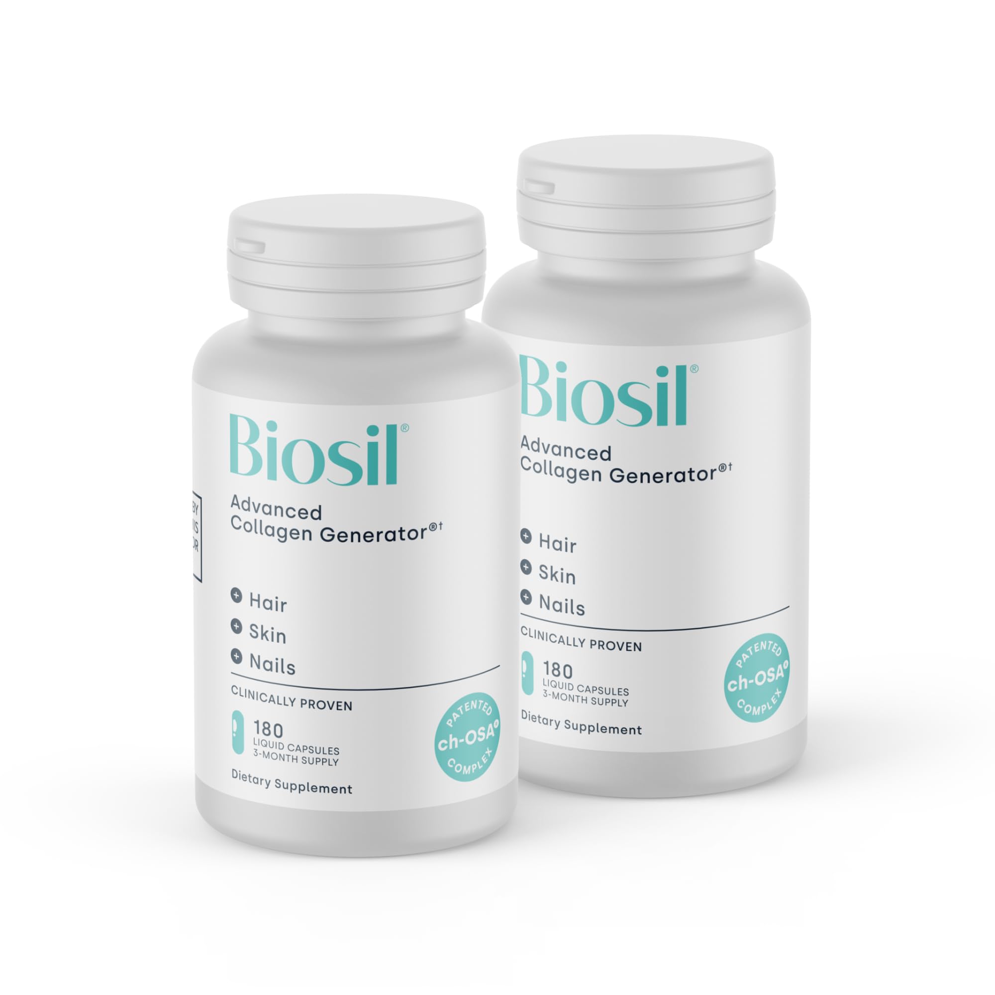 BioSil Collagen Generator, bote vertiendo, posible apoyo a la producción de colágeno para piel firme.