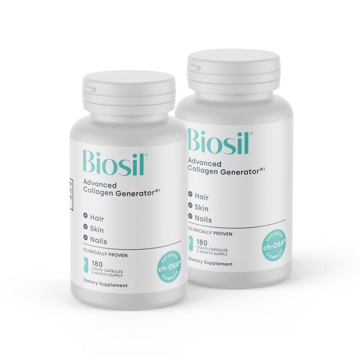 BioSil Collagen Generator, bote vertiendo, posible apoyo a la producción de colágeno para piel firme.