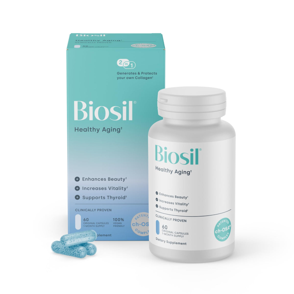 Biosil Envejecimiento Saludable: caja del producto, apoyo potencial a la belleza de piel, cabello y uñas.