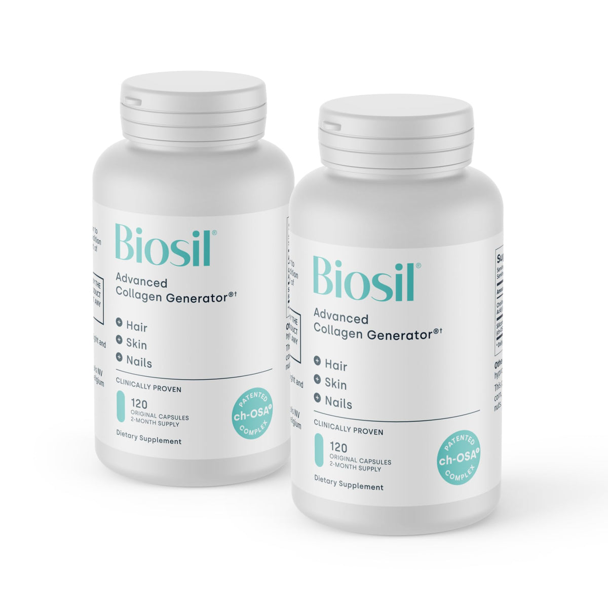 Biosil potenciador de colageno: capsulas visibles para piel, cabello y uñas saludables.