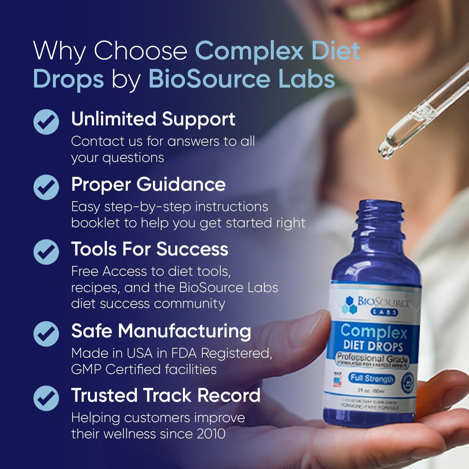 BioSource Labs Complex Diet Drops – empaque para viaje, fácil de transportar.