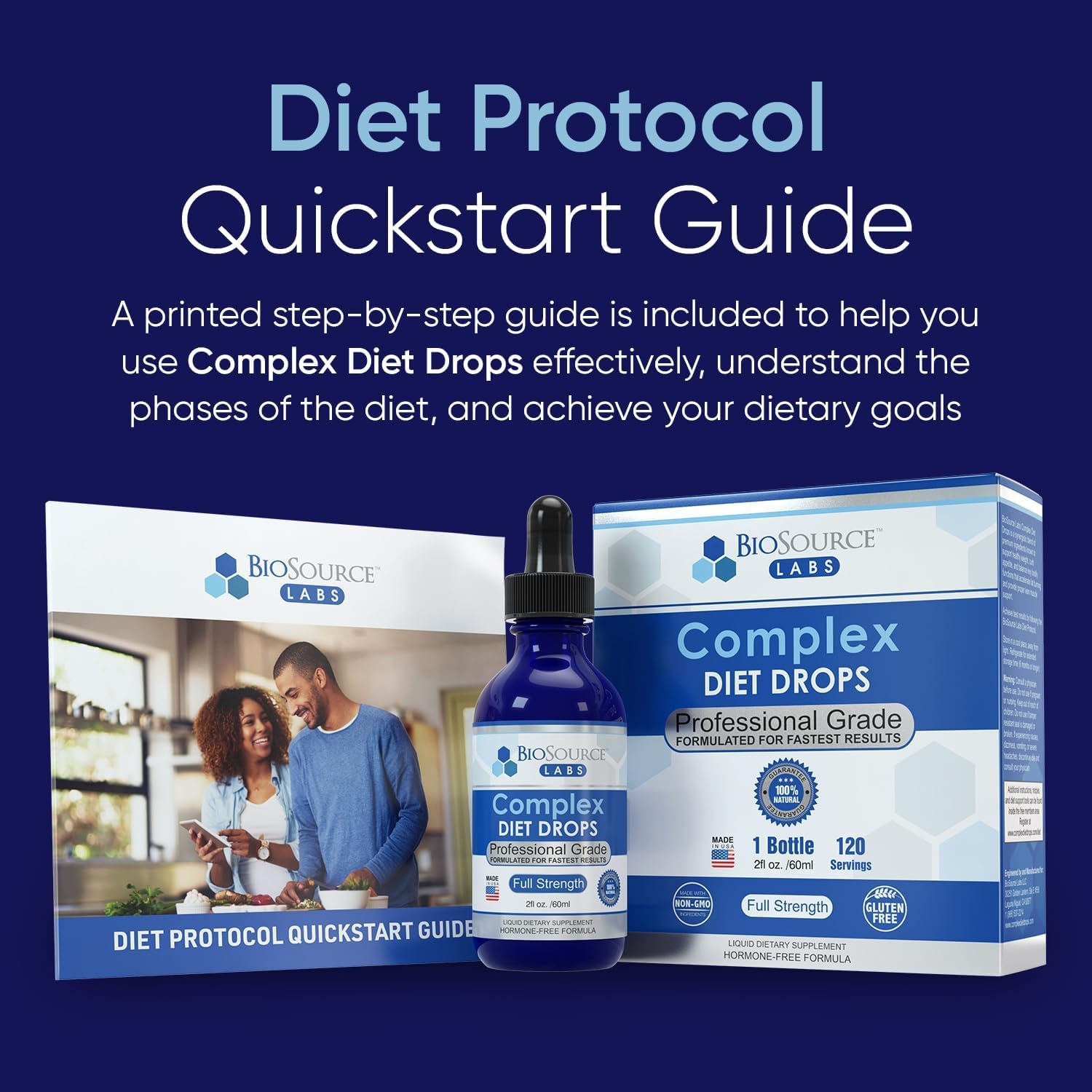 BioSource Labs Complex Diet Drops – guía de pasos impresa para fases de la dieta.