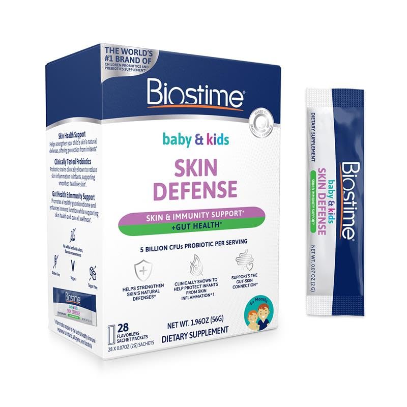 Biostime defensa de piel en sobres, impulso suave para piel sensible y hábitos diarios.
