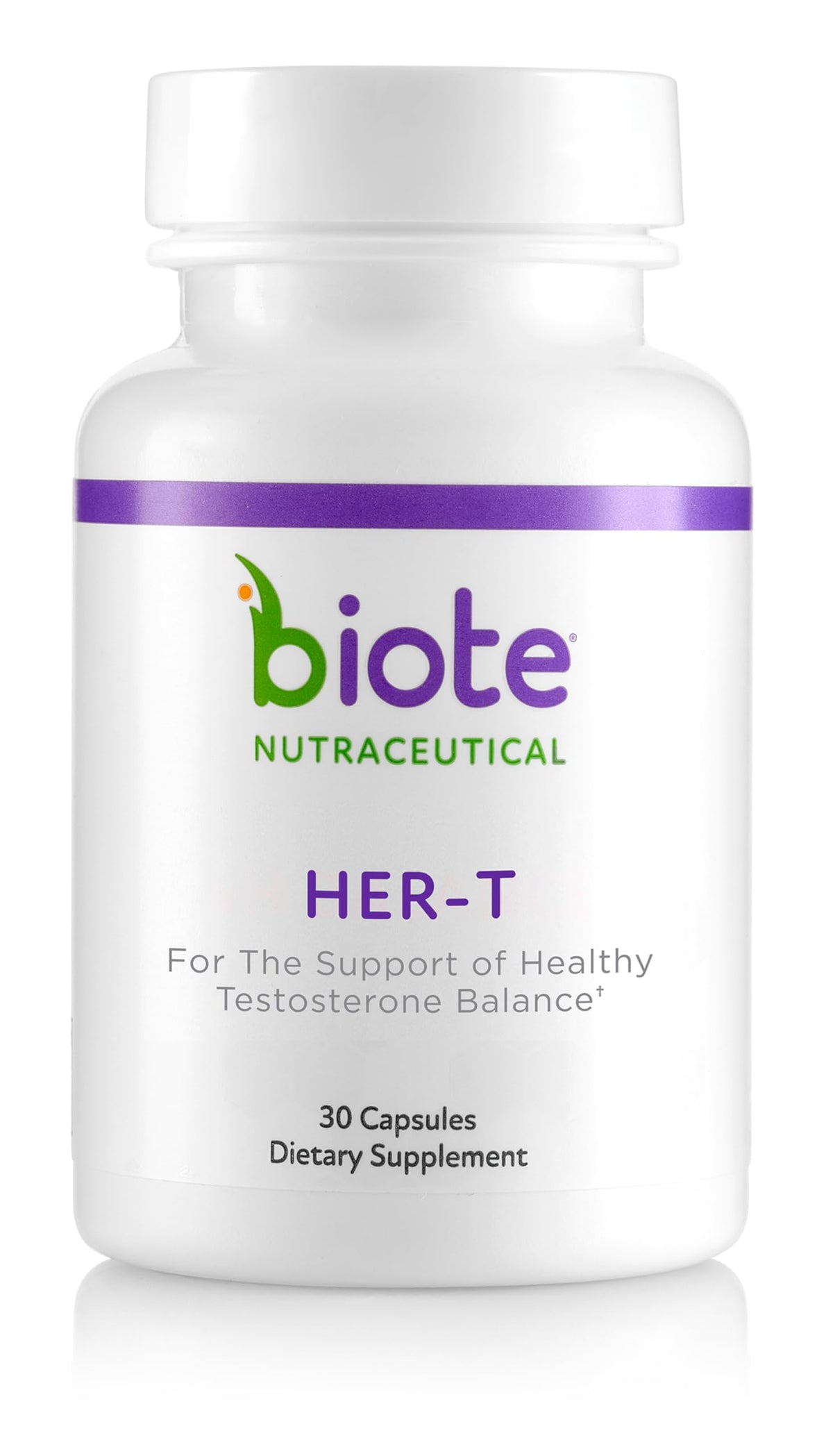 Biote HER-T cápsulas en botella, posible apoyo al equilibrio hormonal femenino.