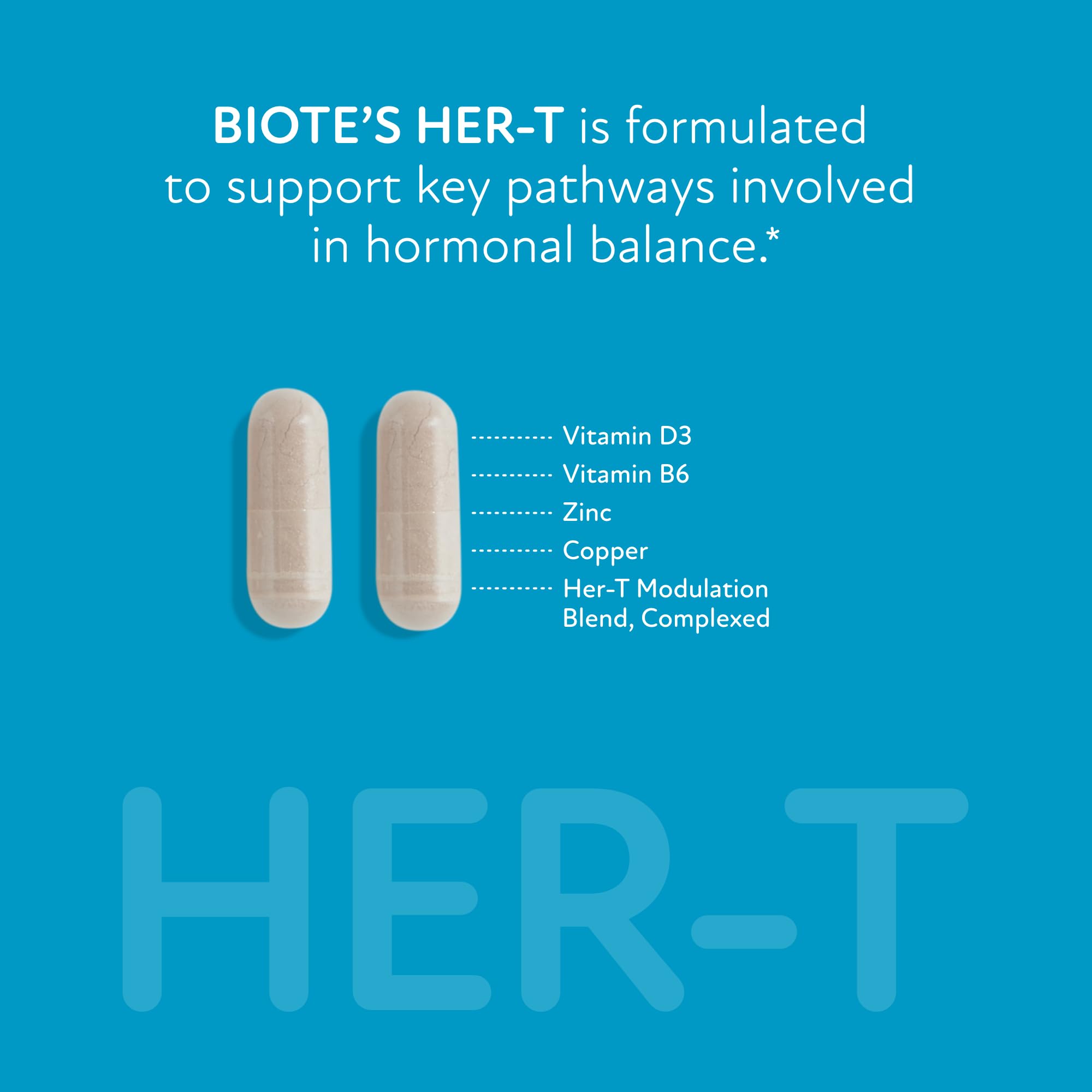 Presentación Biote HER-T con 30 cápsulas por envase, conveniencia diaria.
