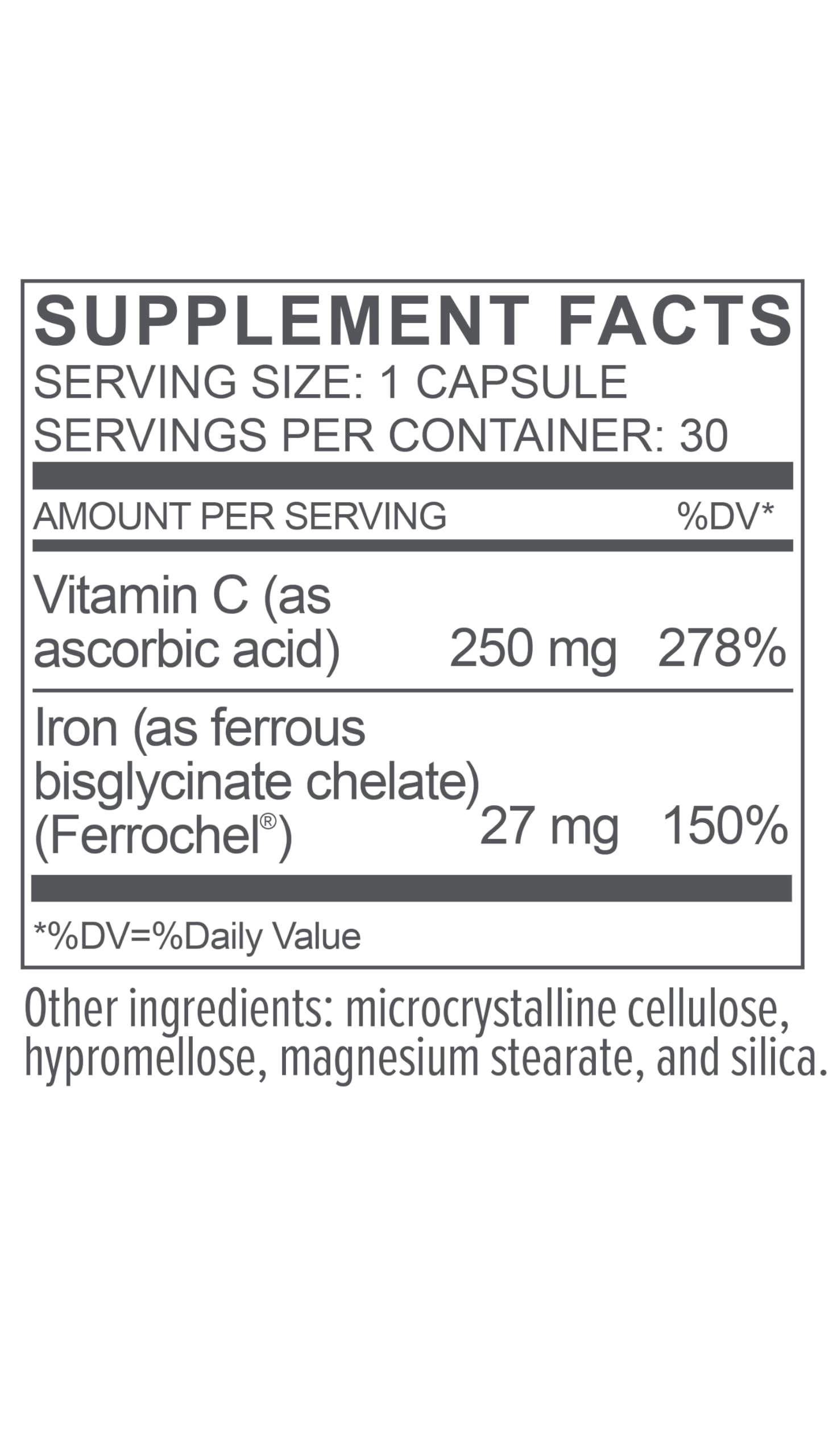 Biote Iron+ etiqueta nutricional: información clara sobre hierro y vitamina C.