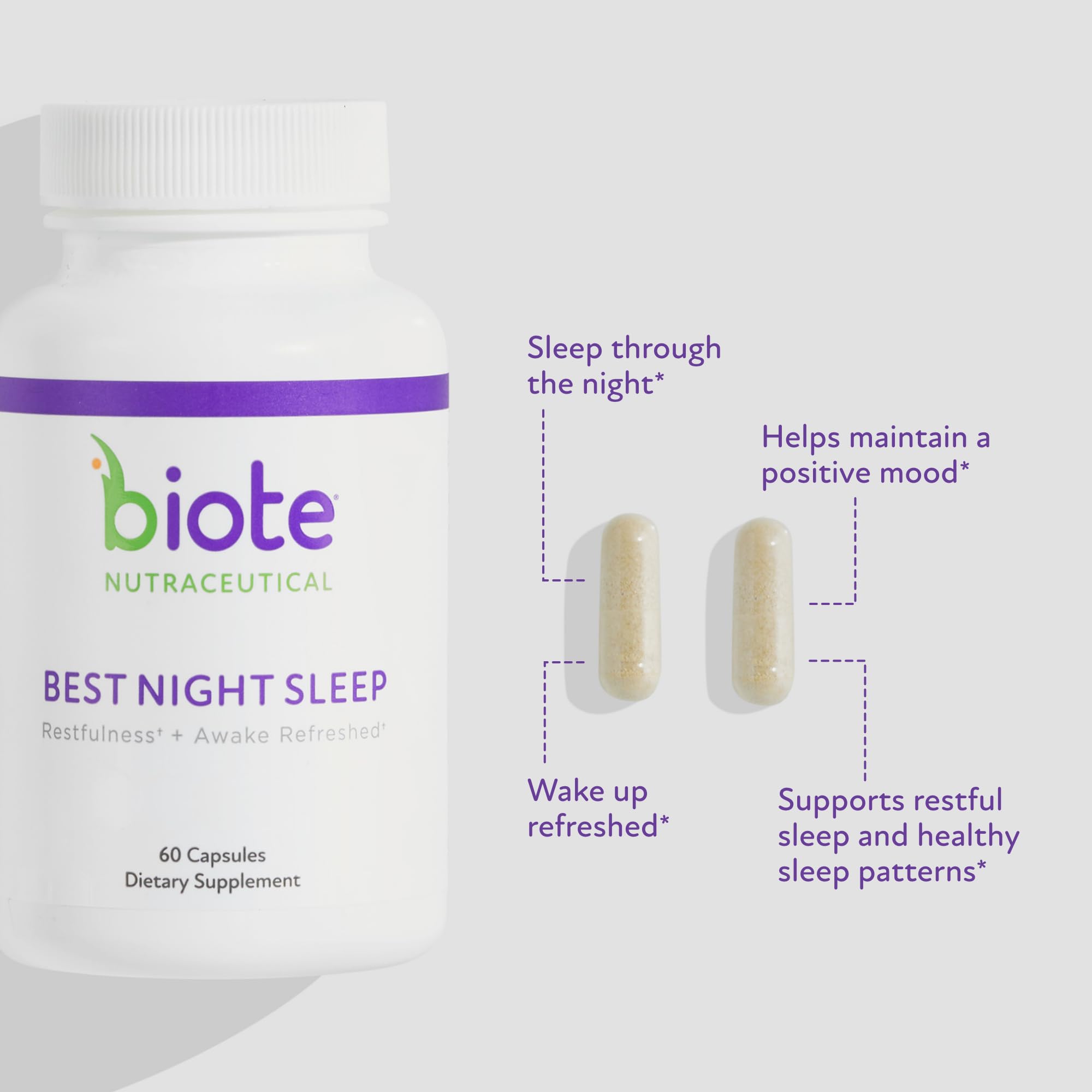 Biote Mejor Sueño Nocturno: etiqueta cercana, recordatorio de fórmula libre de soya y lácteos.