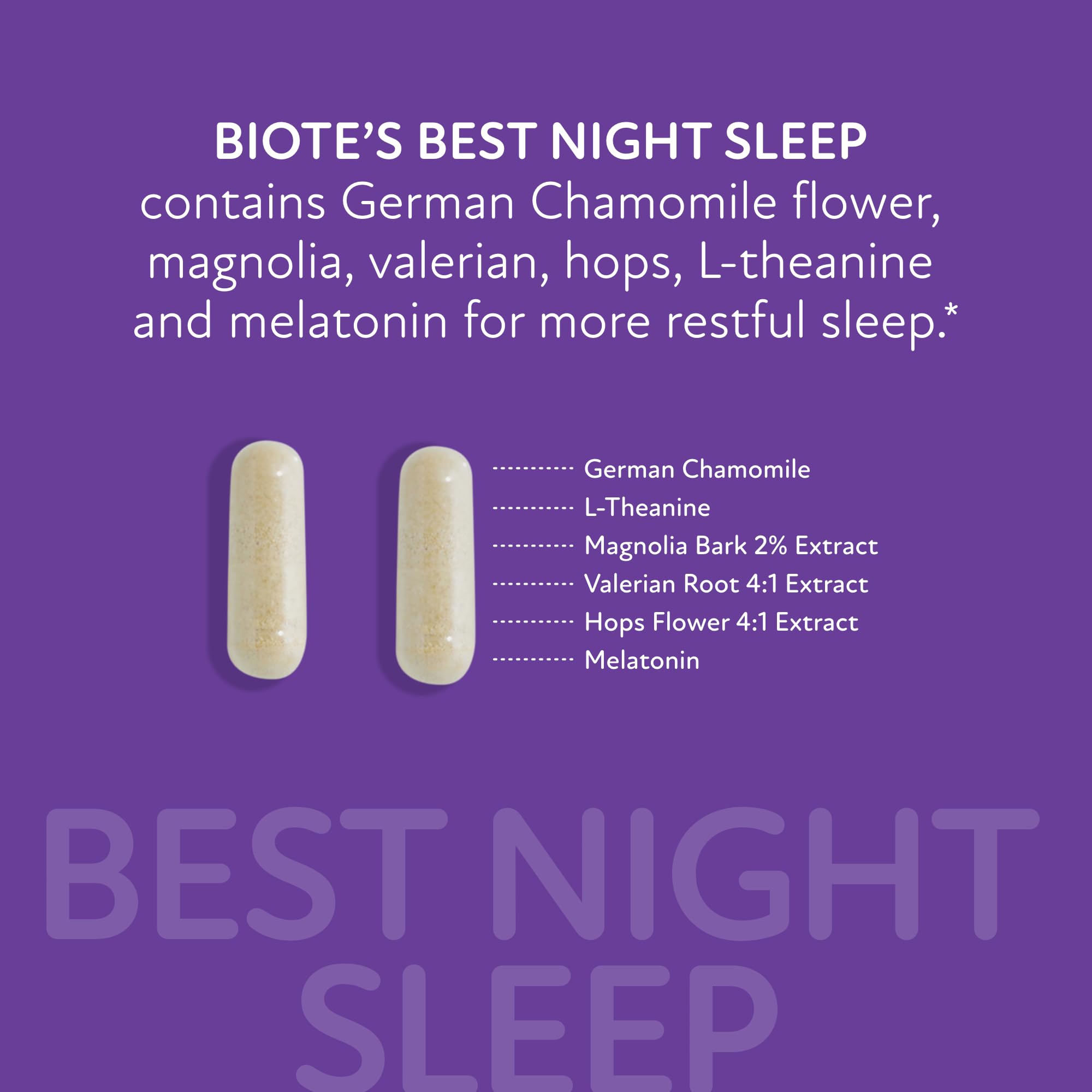 Biote Mejor Sueño Nocturno: panel de ingredientes, posible apoyo para una noche más serena.