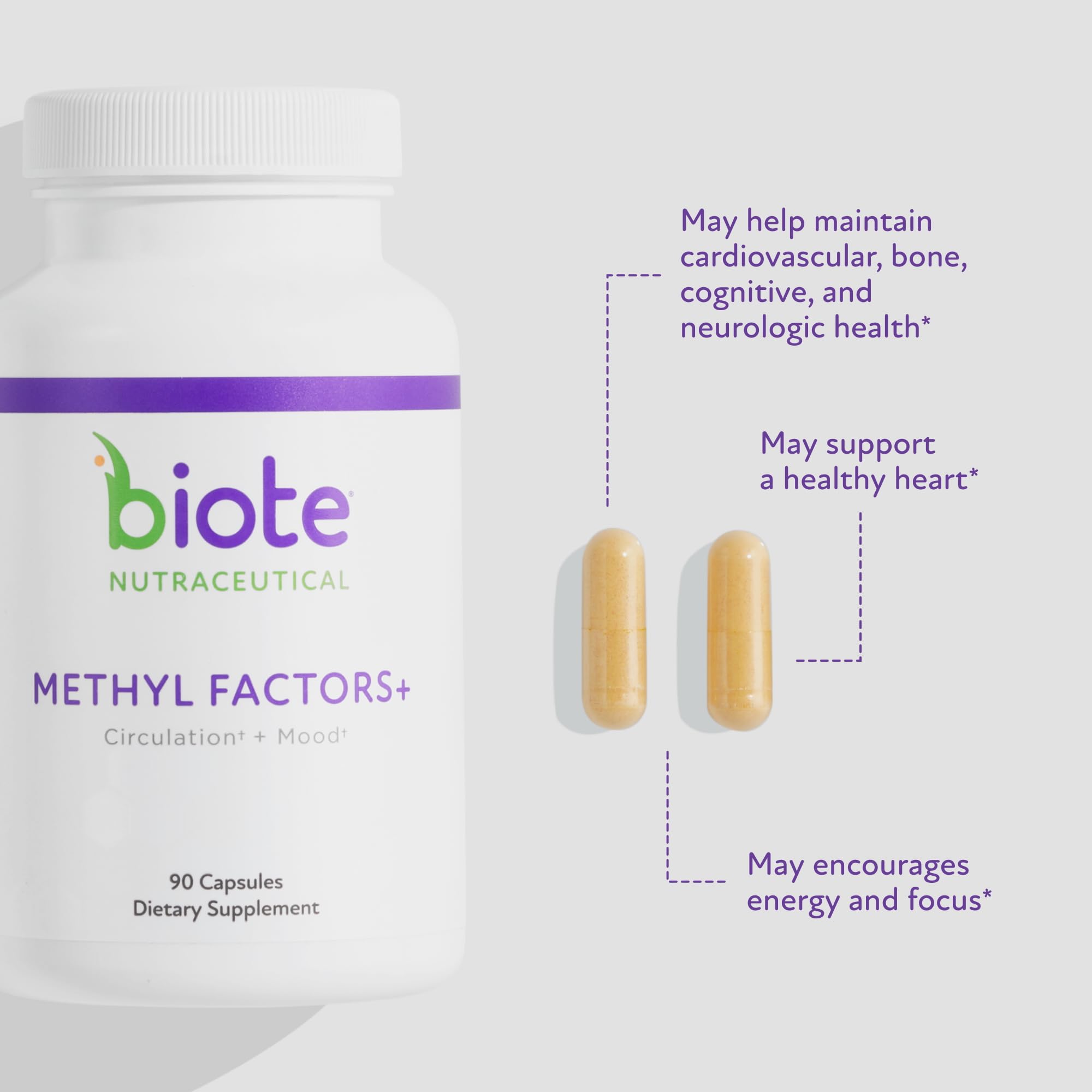 Biote Methyl Factors+ bottle close-up highlighting label and design.