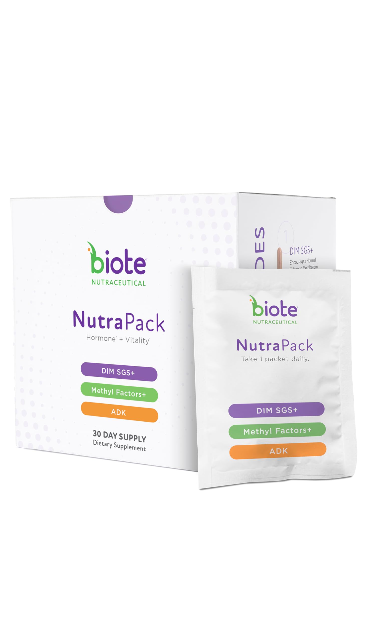 Biote NutraPack daily packets showcased for a convenient 30-day routine.