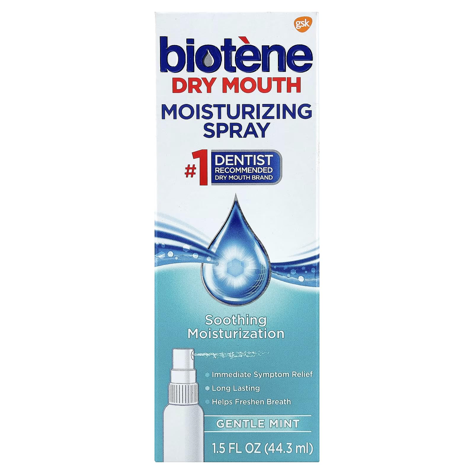 Biotène spray para boca seca con menta suave, alivio rápido e hidratación instantánea.