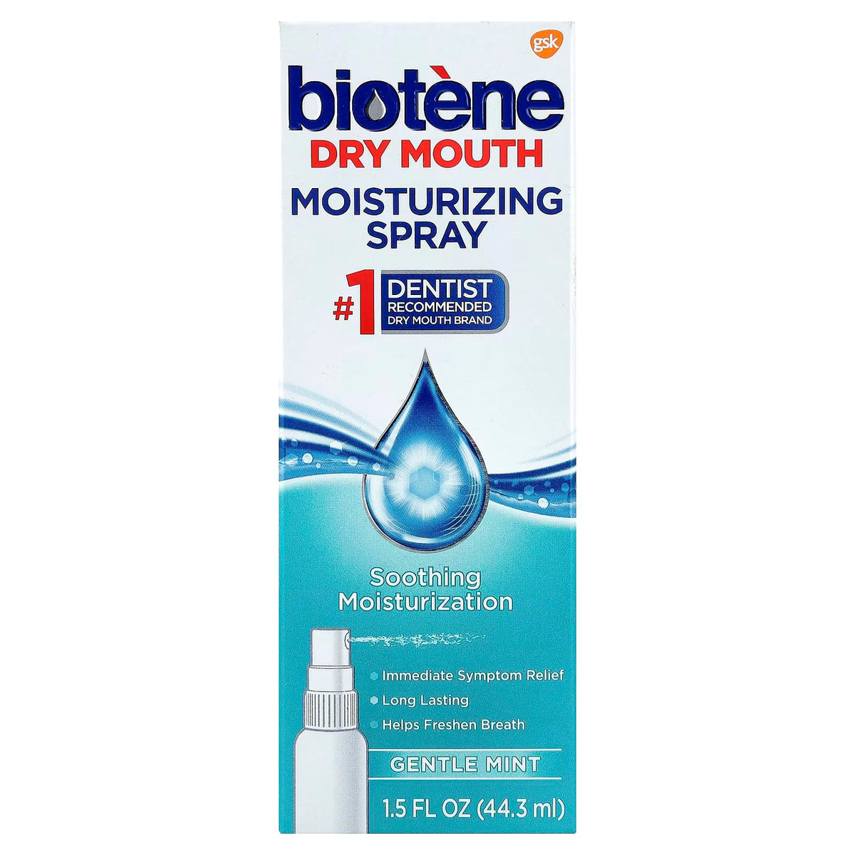 Biotène spray para boca seca con menta suave, alivio rápido e hidratación instantánea.