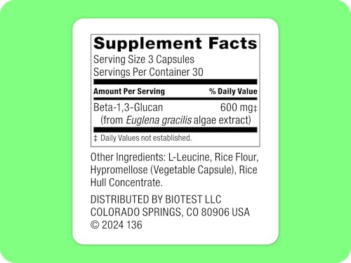 Biotest Beta-Glucano: etiqueta destacada con dosis y posibles beneficios para el intestino.