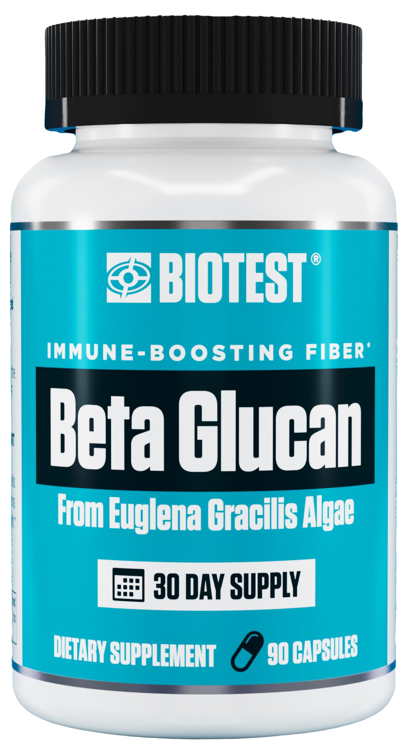Biotest Beta-Glucano: frasco en primer plano para uso diario y posible apoyo inmune.