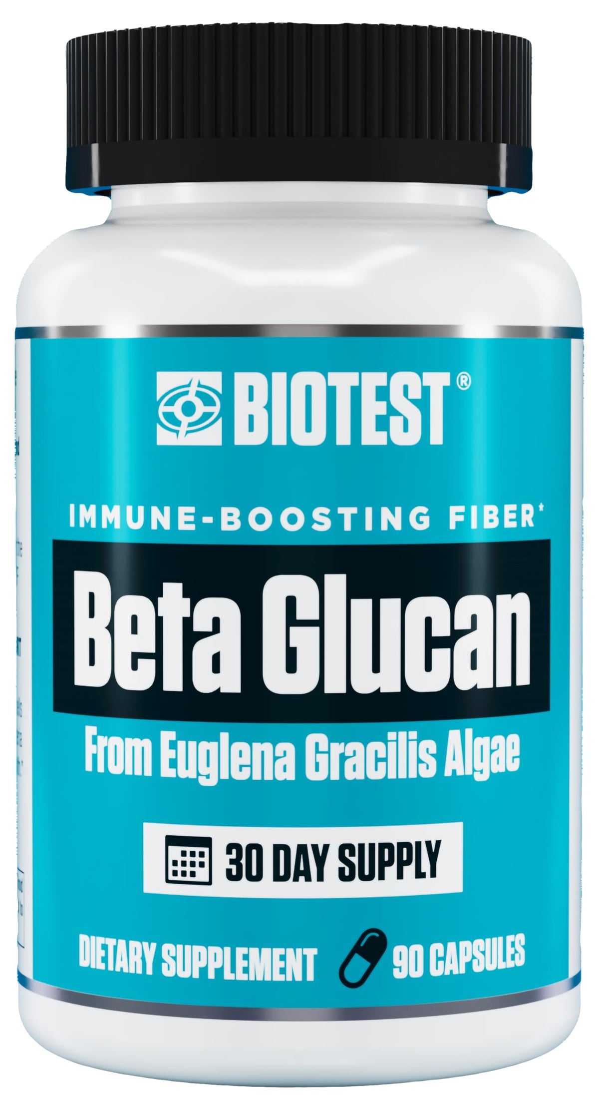 Biotest Beta-Glucano: frasco en primer plano para uso diario y posible apoyo inmune.