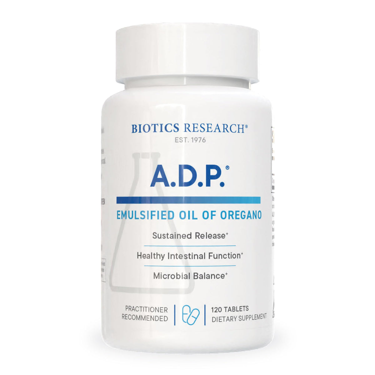 Biotics Research ADP, tableta de aceite de orégano emulsificado para salud gastrointestinal.