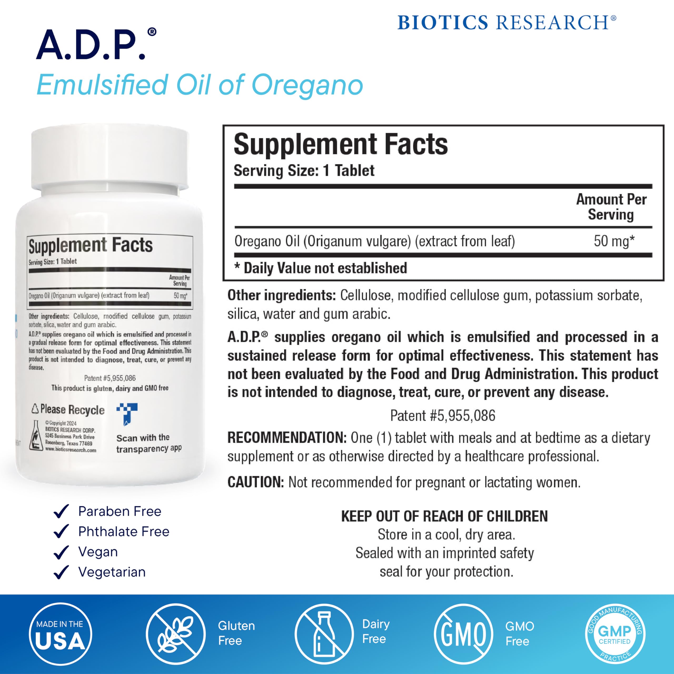 Biotics Research ADP, tabletas de orégano emulsificado con liberación sostenida para absorción.
